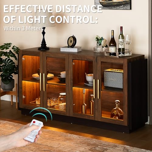 64" Sideboard Buffet Cabinet with Glass Doors & LED Lights, Brown, view 5