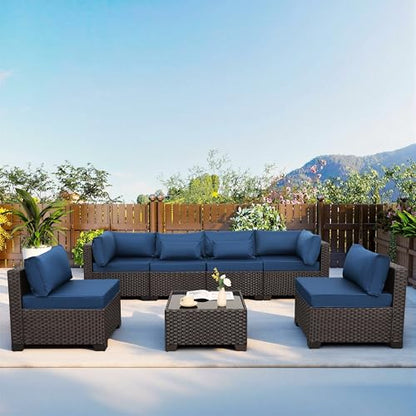 Outdoor Patio Furniture Set 7 Pieces Wicker Sectional Sofa Brown Rattan Conversation Couch with Coffee Table, Anti-Slip Thick Nave Blue Cushion