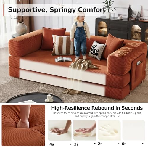 78.8'' Boneless Sleeper Sofa Bed,Convertible Futon Couch with Storage Pocket and 2 Pillows,Modular Corduroy Sofa for livingroom,Small speace,Orange