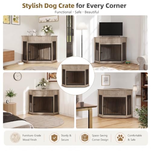 44.6'' Corner Dog Crate Furniture for Small Medium Dog,Grey Oak, view 7