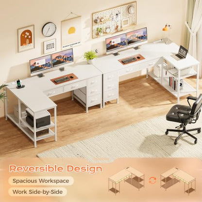55 Inch L Shaped Desk with Power Outlets, 5 Fabric Drawers, view 7