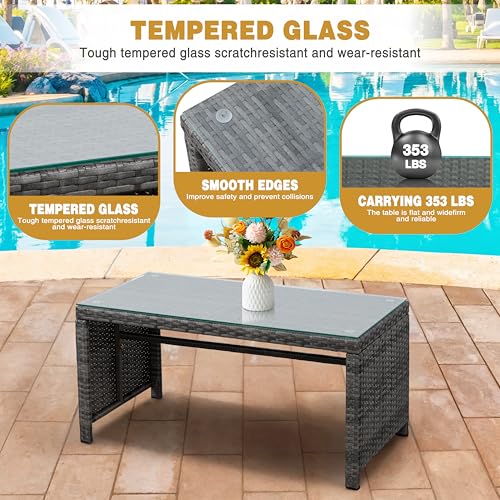 Patio Furniture Set 4 Piece Outdoor Furniture Set, PE Rattan Wicker Patio Conversation Set with Cushions & Glass Coffee Table, Backyard Patio Seating for Balcony Porch Garden Poolside, White