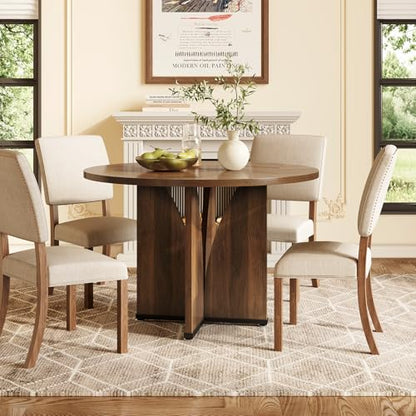39-Inch Round Dining Table for 4, Rustic Kitchen Table with X-Shaped Stable Pedestal, Farmhouse Dinner Table for Dining Room, Living Room, Dark Brown