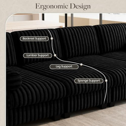 Plush Corduory Sectional Sleeper Sofa with Wide Deep Seat Modular Sectional Cloud Couches for Living Room. Black Couch