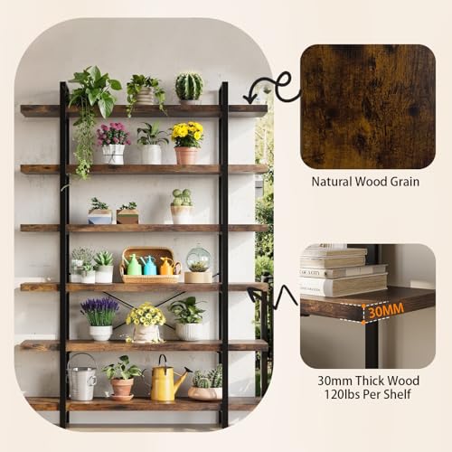 6 Tier Book Shelf, 47'' Wide Wood Industrial Bookshelf, 120lbs Shelf Capacity, Open Storage Shelves, 80'' Tall Heavy Duty Display Shelving, Rustic Brown Bookcase for Bedroom,Living Room,Office