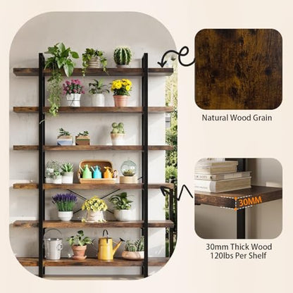 6 Tier Book Shelf, 47'' Wide Wood Industrial Bookshelf, 120lbs Shelf Capacity, Open Storage Shelves, 80'' Tall Heavy Duty Display Shelving, Rustic Brown Bookcase for Bedroom,Living Room,Office