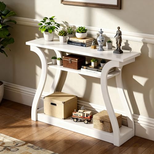 Wood Console Table with Curved Legs and Shelf, 3 Tier Modern Accent Sofa Table for Entryway, Living Room, Hallway, 47 in Wide, Easy Assembly (White)