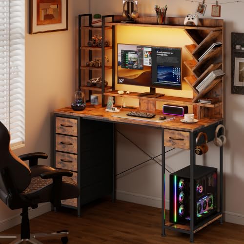 47.24" Gaming Computer Desk with Hutch, 6 Drawers, Rustic Brown, view 3