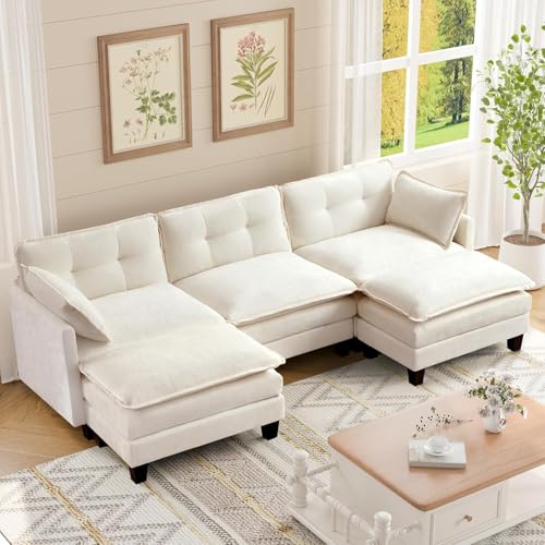 Modular Sectional Sofa, 111.5" U-Shaped Chenille Comfy Sectional Couches for Living Room, 3-Seater Cloud Couches with 2 Movable Ottomans, Flexible Combination Modern Deep Seat Sofa (Beige)
