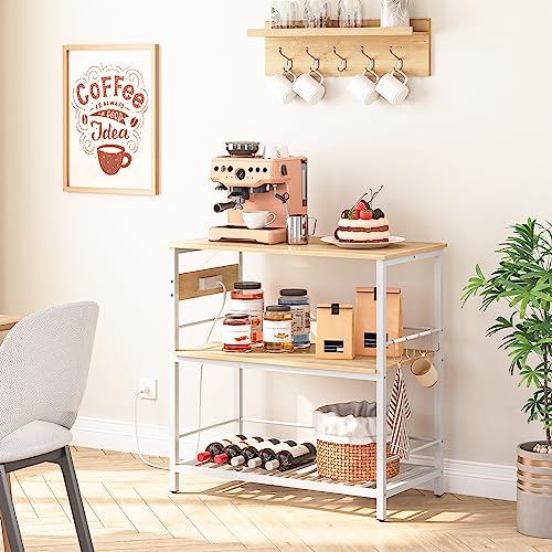 Kitchen Island with Storage, Kitchen Island Table with Power Outlet, 3 Tier Coffee Station and Microwave Stand, for Home, Kitchen and Dining Room, Natural and White WN021ZD01
