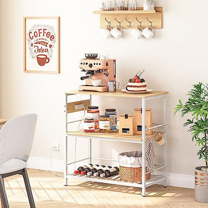 Kitchen Island with Storage, Kitchen Island Table with Power Outlet, 3 Tier Coffee Station and Microwave Stand, for Home, Kitchen and Dining Room, Natural and White WN021ZD01