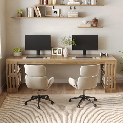 78.7" Long Desk, 2 Person Desk with Shelves, Large Wooden Computer Desk, Heavy Duty Shelf Legs Design for Two Person Home Office, Business, Workstation, Natural (78.7" W x 23.6" D)