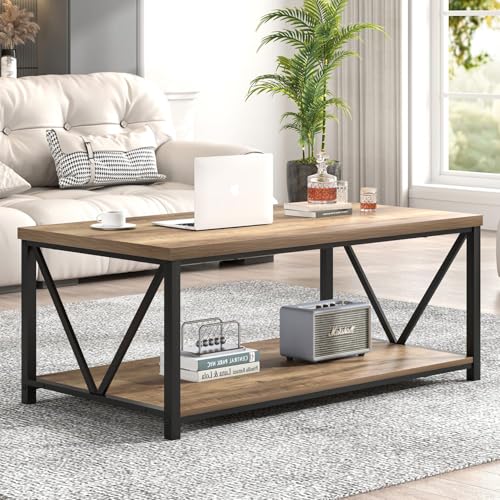Coffee Table with Storage Shelf, Modern Industrial Metal and Wood Living Room Table, Small Rectangle Cocktail Tea Table for Bedroom Home Office, Rustic Oak, 39.3 Inch