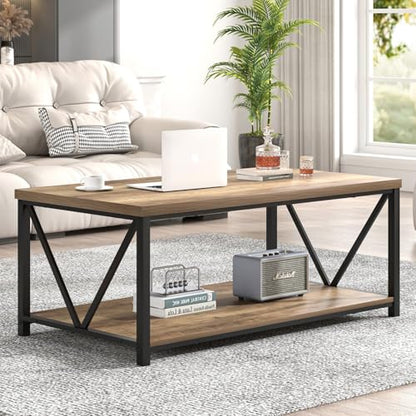 Coffee Table with Storage Shelf, Modern Industrial Metal and Wood Living Room Table, Small Rectangle Cocktail Tea Table for Bedroom Home Office, Rustic Oak, 39.3 Inch