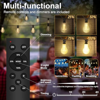 100FT Outdoor String Lights Waterproof with 64+4 Bulbs (1.5FT Bulbs Spacing), Remote & Dimmer, Commercial Patio String Lights with 3 Mode Light & Timing, 100PC Mounting Ties for Outside