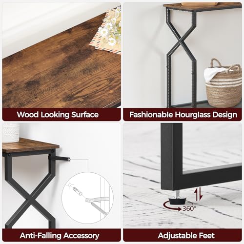 2 Tier Console Table, Sofa Table, Narrow Entryway Table, Hallway Entrance Table, Hourglass-Shaped Frames, Adjustable Feet, for Entrance, Living Room, Hallway, Rustic Brown CTHR21301