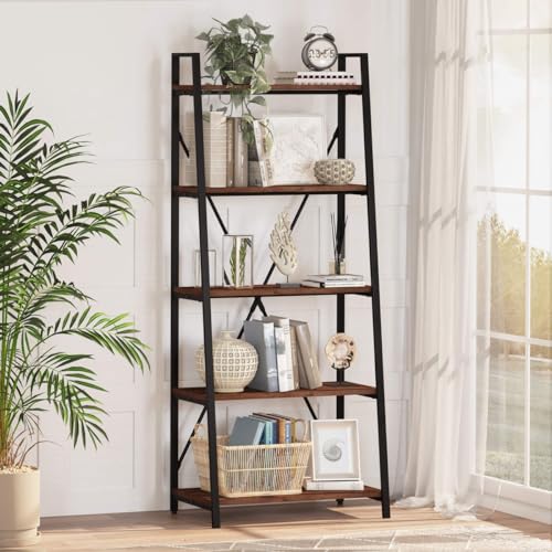 Ladder Shelf Bookcase, 5-Tier Industrial Ladder Bookshelf, Tall Living Room Shelves, Wood and Metal Leaning Shelf for Home Office, Kitchen, Bedroom, Balcony (Rustic Oak)