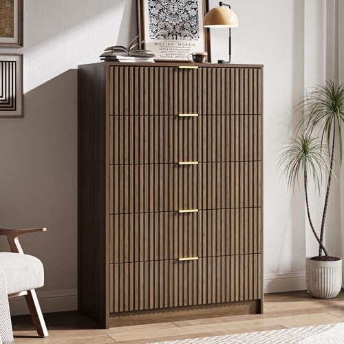 5 Drawer Dresser for Bedroom, Tall Dresser Chest of Drawers with Gold Handles, view 7