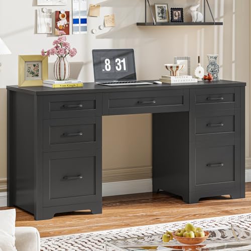 Farmhouse 61'' Executive Desk with 7 Drawers, Rustic Office Desk Computer Table with File Drawers, Wood Workstation for Study and Home Office,Pure Black