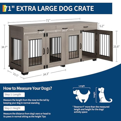 GAOMON 71-Inch Wooden Double Dog Crate with 3 Drawers, Grey, view 3
