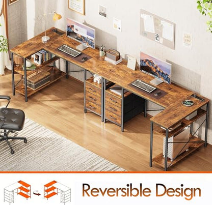 L Shaped Computer Desk, 47 Inch Corner Desk with Drawers and Power Outlets, Home Office Desk for Gaming, Study Writing PC Table with Storage and Reversible Shelf, Rustic Brown