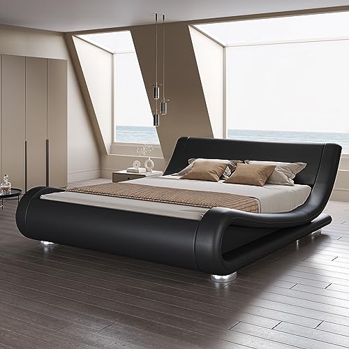 Queen Size Sleigh Bed Frame, Low Profile, Faux Leather, Black, view 2