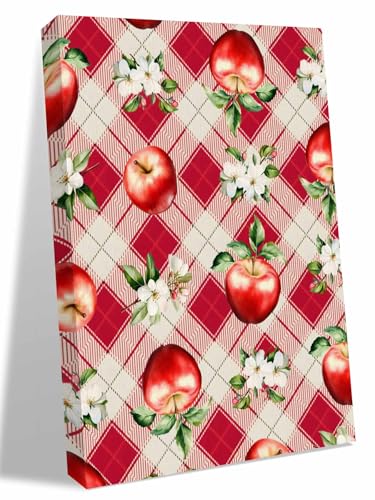 NuYeBiofx Farmhouse Red Apples White Floral Canvas Wall Art Prints,48"x32" Framed Picture Artwork Diamond Buffalo Plaid Printed Canvas Oil Painting for Living Room Bedroom Office,Ready to Hang