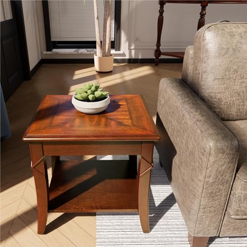 Vintage Cherry Solid Wood End Tables Living Room, Queen Anne Style Accent Side Table with Cabriole Legs, 2-Tier Nightstand with Storage Shelf, 19.7" Wx17.7 Dx19.7 H, Cherry Walnut CJZ-DR200