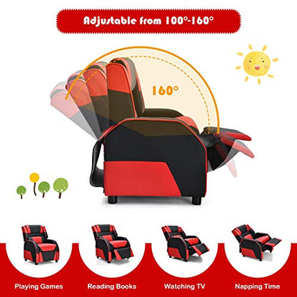 Kids Recliner, Gaming Recliner Chair w/Footrest, Headrest & Lumbar Support, Ergonomic Leather Lounge Chair for Living & Gaming Room, Adjustable Racing Style Sofa for Children Boys Girls, Red