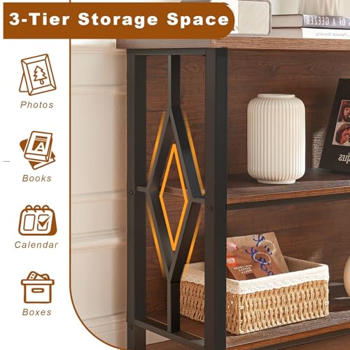 Bookshelf, 3-Tier Rustic Short Bookshelf, Industrial Shelf Bookcase with Engineered Wood Shelves, Low Bookcase with Storage, Small Shelf for Living Room, Bedroom and Office, Rustic Brown
