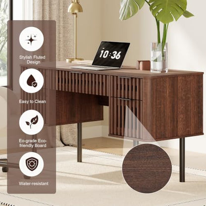 Fluted Executive Desk with Drawers, 54" Modern Writing Desk, Walnut, view 6