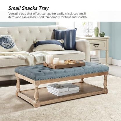 Storage Tufted Ottoman Coffee Table with Solid Wood Legs, Blue | with Tray & Shelf, Button Tufted Top Upholstered, Large Rectangle Cocktail Ottoman for Living Room Bedroom