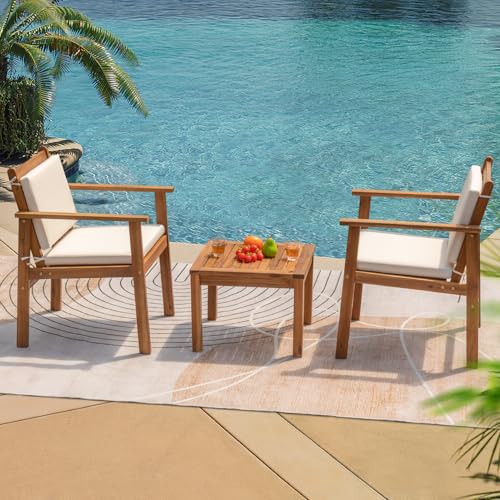 Outdoor Patio Furniture, 3 Piece Bistro Sofa Set with 1 Coffee Table and 2 Chairs, Acacia Wood Conversation Sets with Cushions, for Garden, Backyard, Poolside, White