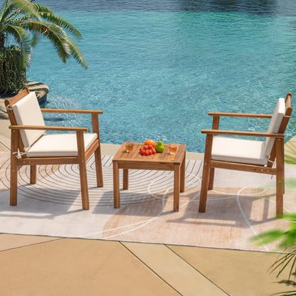 Outdoor Patio Furniture, 3 Piece Bistro Sofa Set with 1 Coffee Table and 2 Chairs, Acacia Wood Conversation Sets with Cushions, for Garden, Backyard, Poolside, White