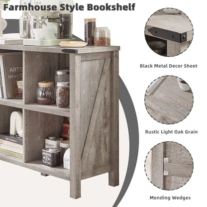 8 Cube Book Shelf, Farmhouse Wood Long Storage Organizer Bookcase, 62" Horizontal Grey Oak Console Closet Bookshelf, Hallway TV Stand for Entryway, Display Cabinet Book Case for Living Room