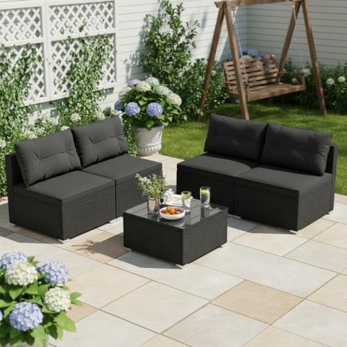 5 Piece Rattan Sofa Set, Outdoor Wicker Furniture Set w/Seat & Back Cushions, Square Coffee Table, Patio Sectional Sofa Set for Backyard, Poolside, Garden (Black)