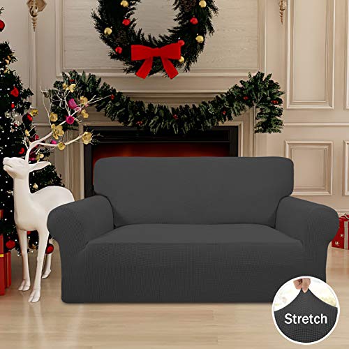 Stretch Loveseat Slipcover 1-Piece Sofa Cover Furniture Protector Couch Soft with Elastic Bottom for Kids Polyester Spandex Jacquard Fabric Small Checks (Loveseat, Dark Gray)