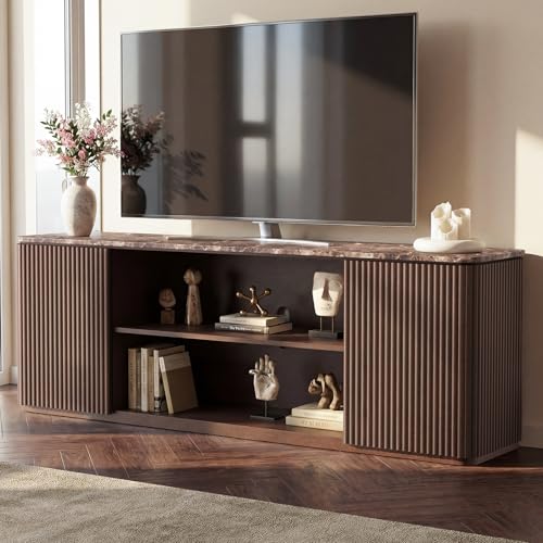 70" Modern Fluted TV Stand, for TVs Up to 80", Faux Marble Top, Brown Oak, view 2