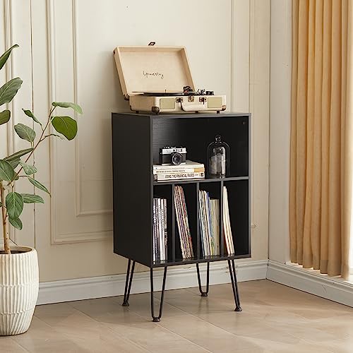 Record Player Stand with Vinyl Storage, Black, view 2