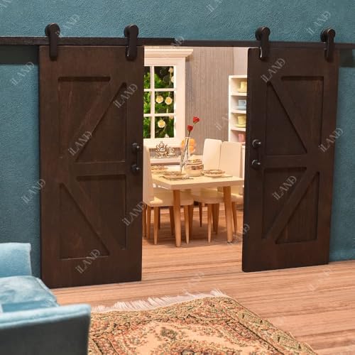 Dollhouse Door on 1/12 Scale, Wooden Double Sliding Mini Doors w/Metal Rods, Realistic Miniature Building Supplies, Miniature Decor of Dollhouse Furniture and Doll House Accessories