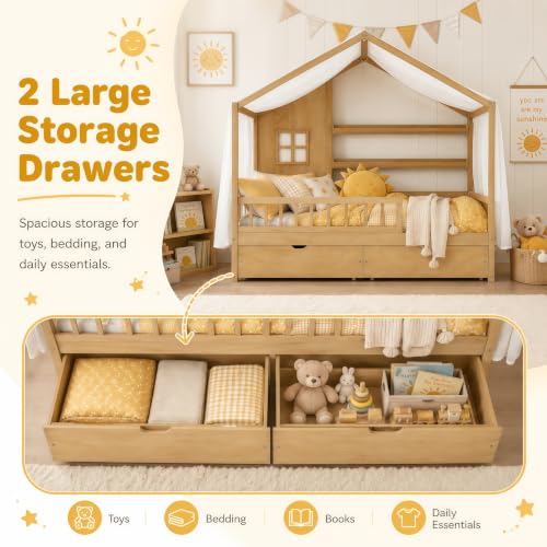 Twin House Bed for Kids with 2 Drawers & Canopy, Montessori Floor Bed with Rails, view 5