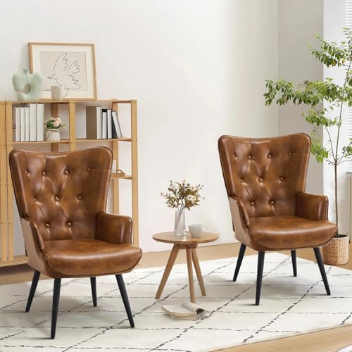 Accent Chairs Set of 2, Brown PU Leather Reading Armchair with High Backrest, Wingback Corner Chair Mid Century Modern for Living Room, Bedroom, Waiting Room