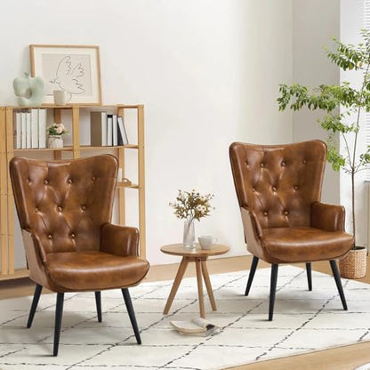 Accent Chairs Set of 2, Brown PU Leather Reading Armchair with High Backrest, Wingback Corner Chair Mid Century Modern for Living Room, Bedroom, Waiting Room