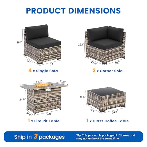 8 Pieces Outdoor Patio Furniture Set with 44" Fire Pit Table Yellow Rattan Sectional Conversation Sets w/Gas Fire Pit, Coffee Table, 1 Waterproof Covers, Black