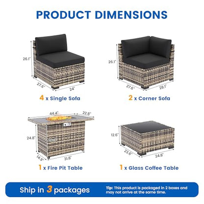 8 Pieces Outdoor Patio Furniture Set with 44" Fire Pit Table Yellow Rattan Sectional Conversation Sets w/Gas Fire Pit, Coffee Table, 1 Waterproof Covers, Black