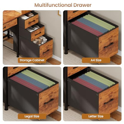Computer Desk with 5 Drawers and Bookshelf, Reversible Home Office Desk with Storage Shelves and File Drawer, Gaming Corner Desk with LED Lights for Small Spaces, Rustic Brown