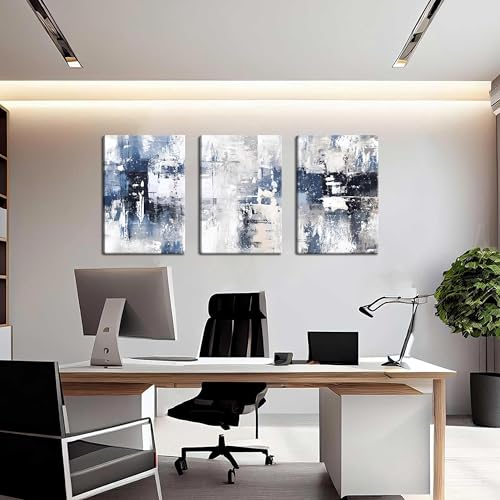 Abstract Blue and White Wall Art Set of 3, Modern Simple Navy Framed Canvas Prints Poster, Gray Painting Picture for Living Room, Bedroom, Office Wall Decor 12x16 Inch