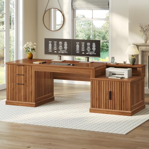 70.9" Executive Desk, Fluted Office Desk with Drawers, Brown, view 2