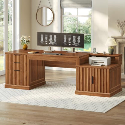 70.9" Executive Desk, Fluted Office Desk with Drawers, Brown, view 2