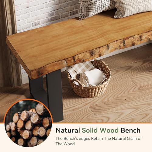 47" Solid Wood Entryway Bench, Industrial Wooden Shoe Bench with Metal Legs, Narrow Long End of Bed Bench for Bedroom, Living Room, Small Space, Easy Assembly